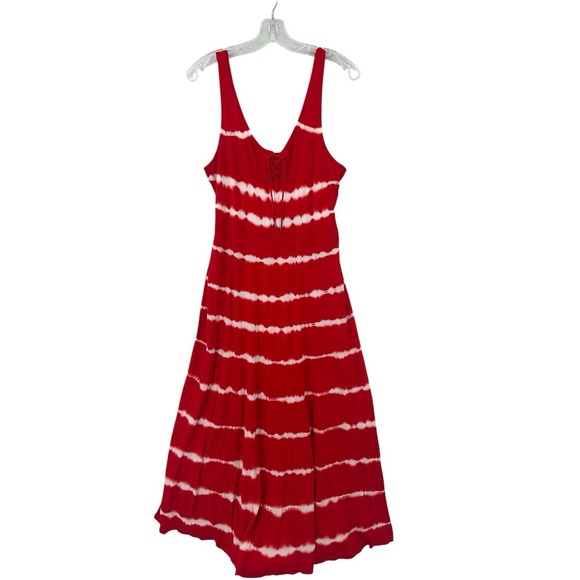Chaps Maxi Dress Womens Sz L Boho‎ Hippie Tie Dye Flowy Festival Lace Up Beach - Picture 1 of 8